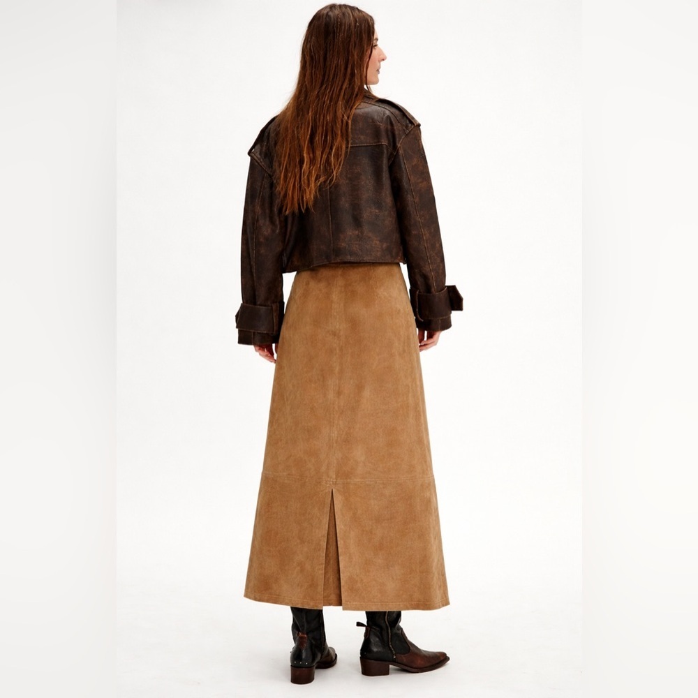 Jessica Holbrook Tan Suede Leather Maxi Skirt Size 16 Vintage 90s Boho - Picture 2 of 5